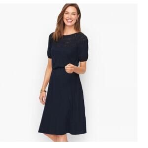 Talbots Navy Blue Eyelet Slub Knit Fit & Flare Elastic Waist Dress Plus Size 1X